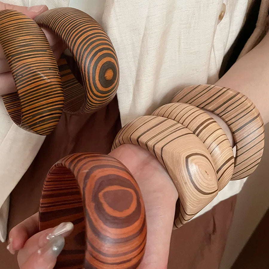 Natural Wooden 12 Styles Square Round Bracelet for Women Hip Hop Rivet Beads Wide Bangles Hand Jewelry Pulseras Mujer
