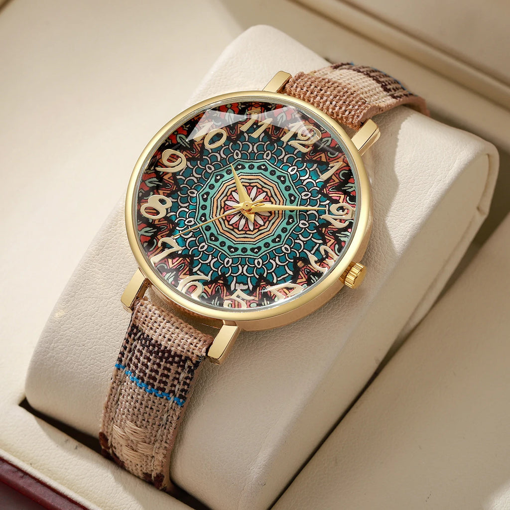 1/2/3/5PCS Fashion Women Watches Vintage Flowers Printed PU Strap Quartz Watch for Women Clock Gift Reloj Mujer（Without Box）