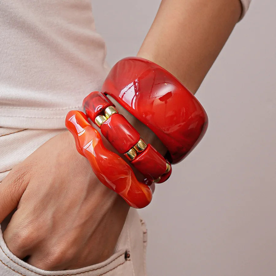 Red Resin Acrylic Elastic Bracelets Personality Geometric Fashion Irregular Wide Stacking Bracelets Hand Jewelry for Women