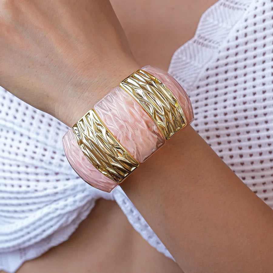 Pink Acrylic Resin Smudging Bangles for Women Girls Smooth Irregular Geometric Square Elastic Bracelets Wristband Jewelry