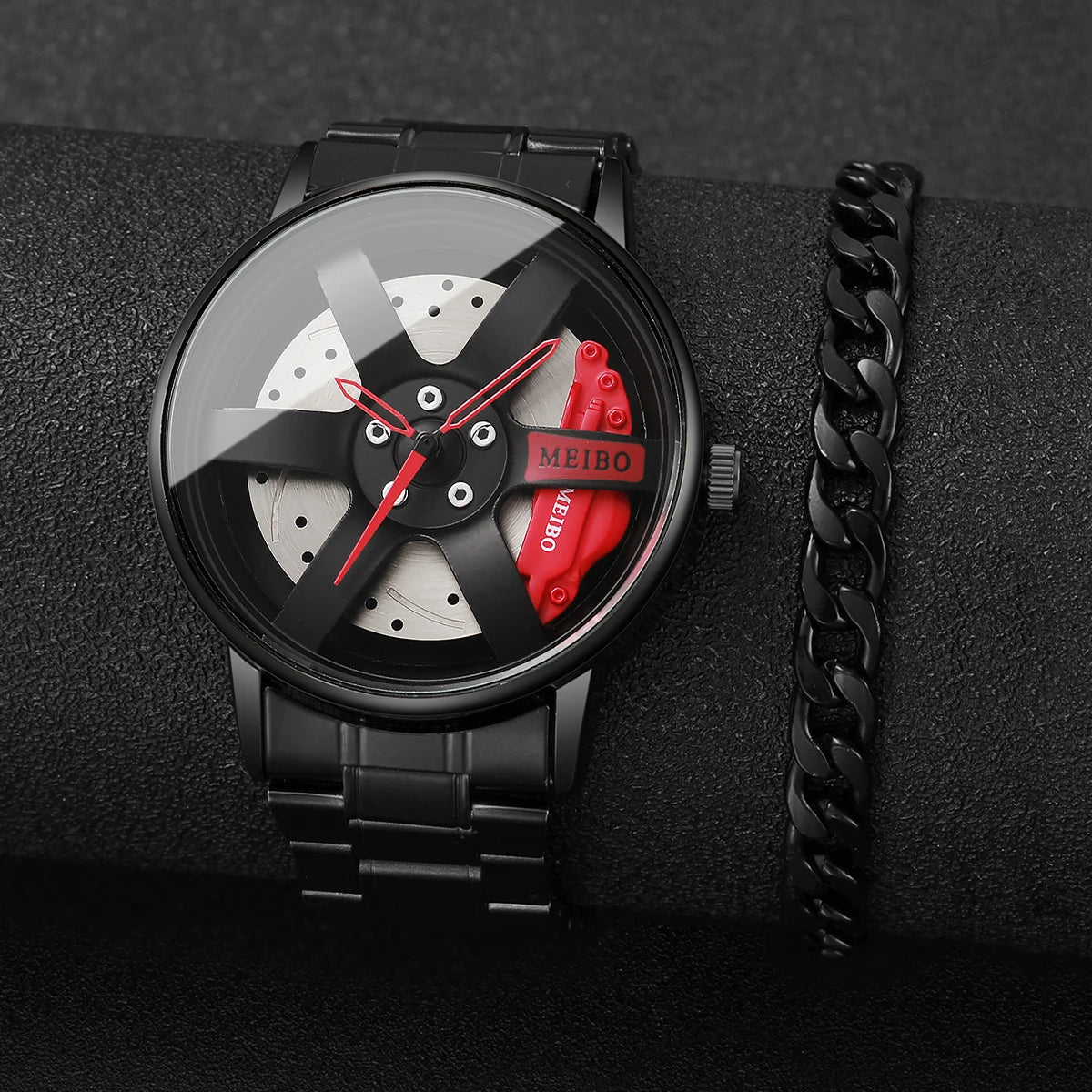 2PCS Fashion Men Sports Watches 3d Car Wheel Stainless Steel Band Wrist Watch Men's Quartz Watch Bracelet Set（Without Box）