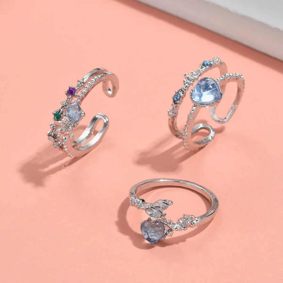 Fashion Jewelry Crystal Rings Heart Adjustable Ring Irregular Geometry Punk Vintage Rings Set for Women