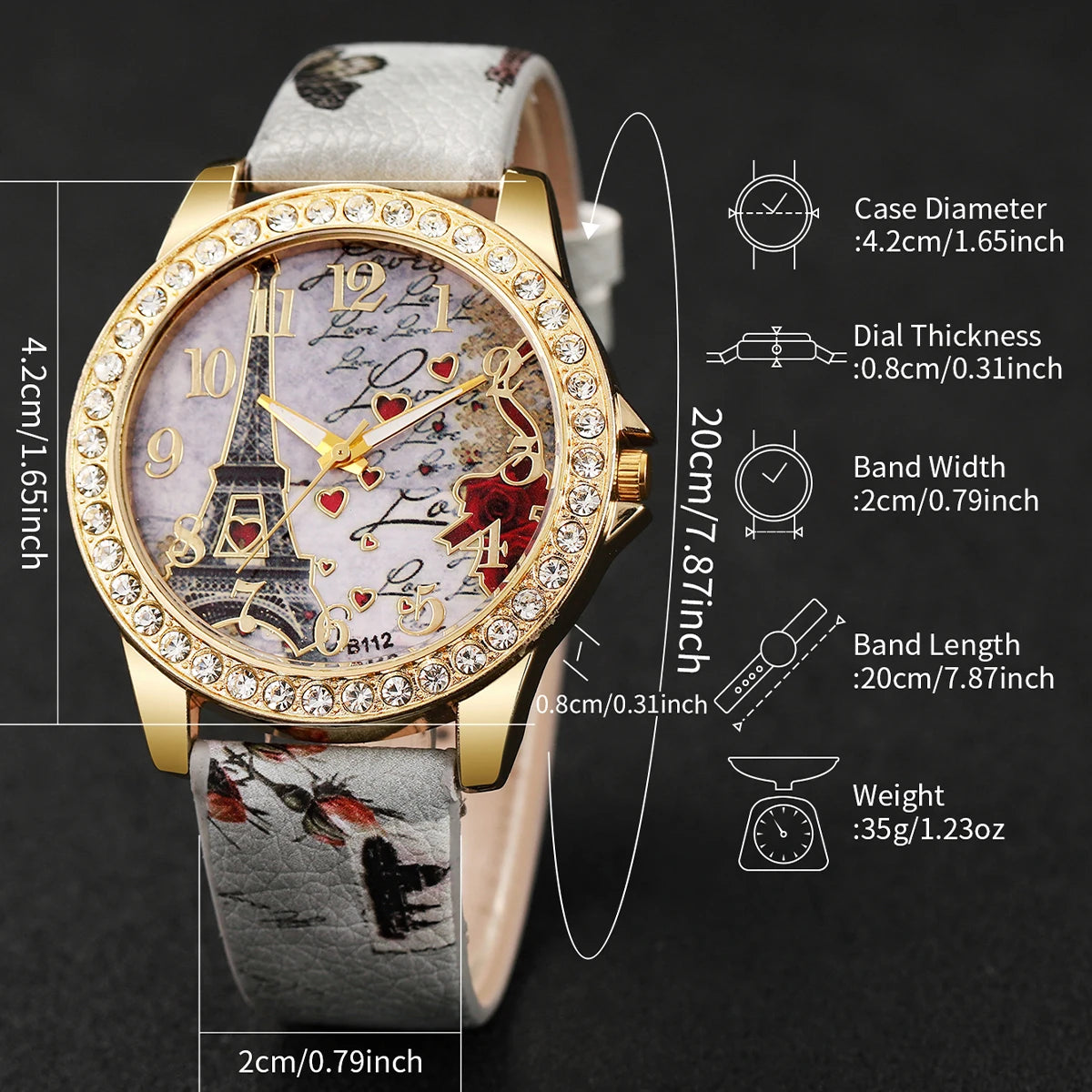 3/4/5PCS Fashion Rhinestone Women's Watch Flowers Printed Leather Band Female Quartz Watches Bracelets Set (Without Box）