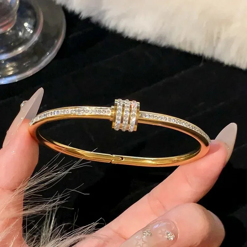 Titanium Steel Stainless Steel Bangles Inlaid Zircon Gold Plated Bracelet Classic Simple Style Bangles for Women Daily Jewelry