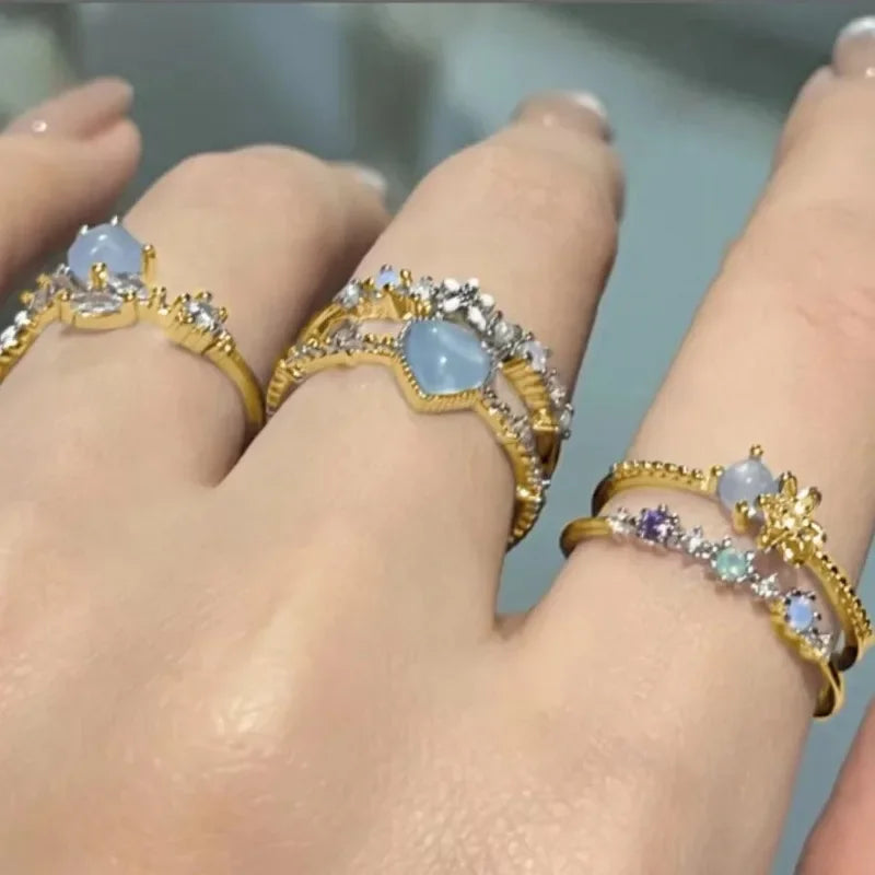 Fashion Jewelry Crystal Rings Heart Adjustable Ring Irregular Geometry Punk Vintage Rings Set for Women