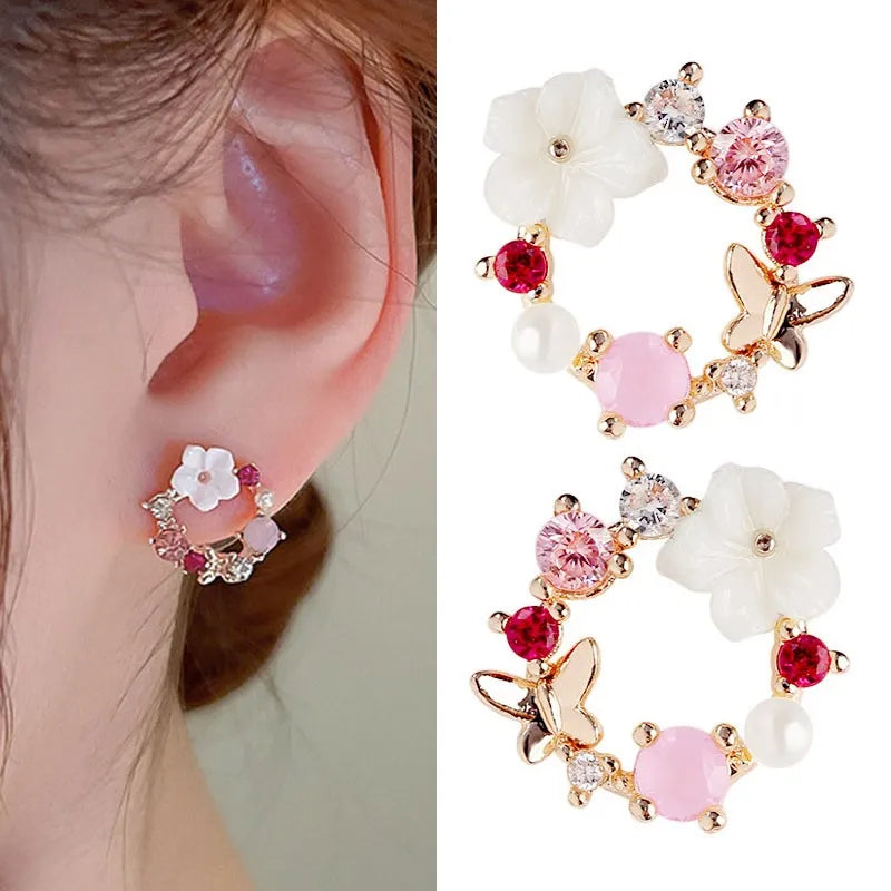 Silver Needle Crystal Pearl Butterfly Flower Wreath Earrings For Women Jewelry 2025 Trending Women's Fashion Earrings