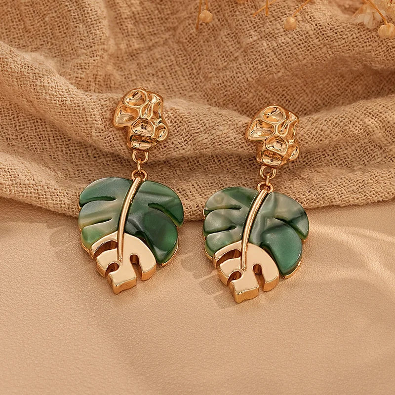 Multi-color Acrylic Leaf Earrings for Women Gold Plated Zircon Dangle Earrings Stainless Steel Jewelry Birthday Gifts