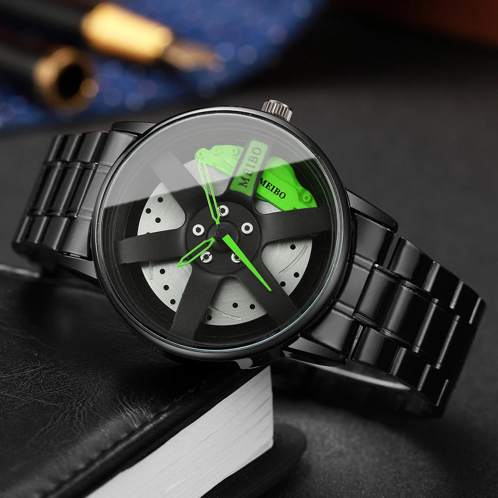 2PCS Fashion Men Sports Watches 3d Car Wheel Stainless Steel Band Wrist Watch Men's Quartz Watch Bracelet Set（Without Box）