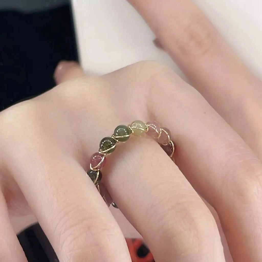 Natural Stone Rainbow Tourmaline Ring Fashion Retro Handmade Metal Wire Winding Beaded Open Adjustable Ring Female Jewelry