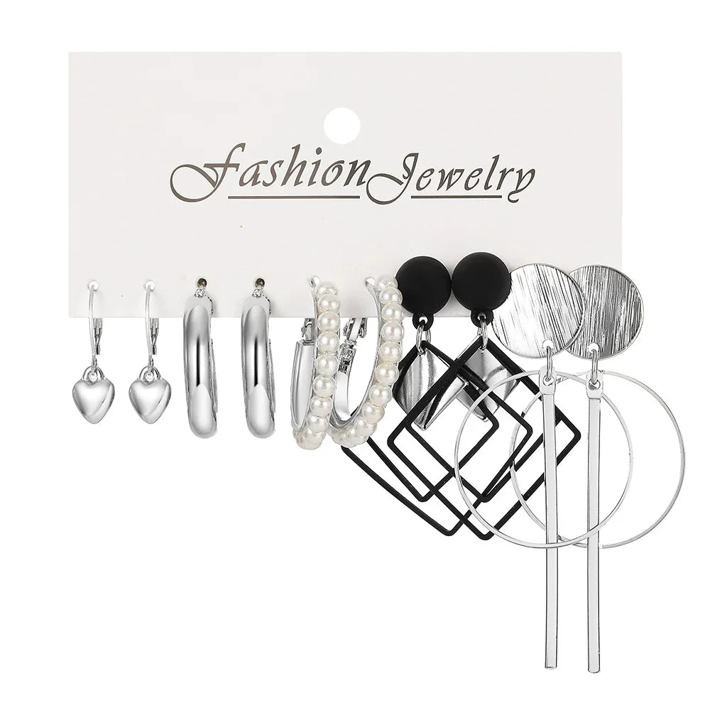 Boho Big Circle Hoop Earring Set for Women Gold Color Bohemia Vintage Pearl Square Earring Heart Zircon Ear Studs Jewelry