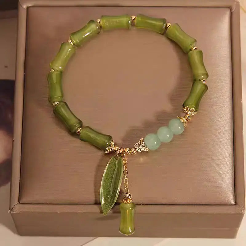 Handmade Green Bamboo Joint Beaded Bracelet for Women Leaves Tassel Flower Bracelets Bangles Girls Party Jewelry Gifts