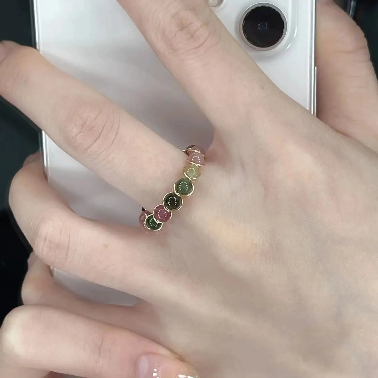 Natural Stone Rainbow Tourmaline Ring Fashion Retro Handmade Metal Wire Winding Beaded Open Adjustable Ring Female Jewelry