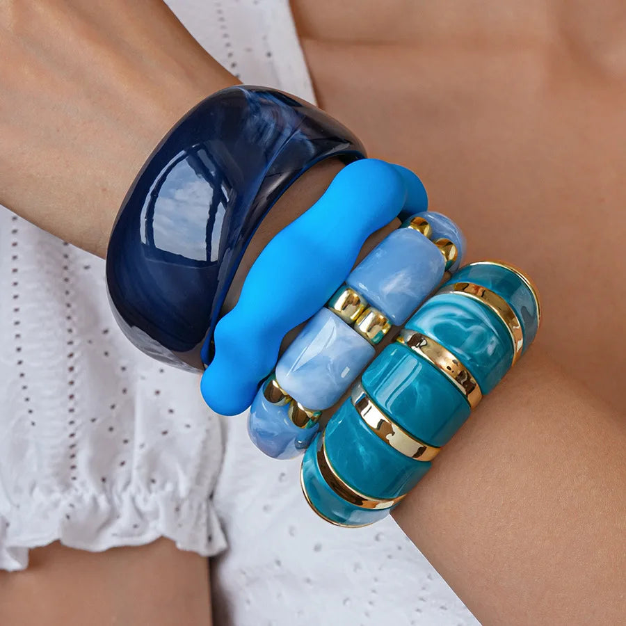 Blue Color Acrylic Resin Smudging Bangle Exaggerated Bamboo Beads Stretchy Bracelet Retro Hand Jewelry Couple Bangles Gifts