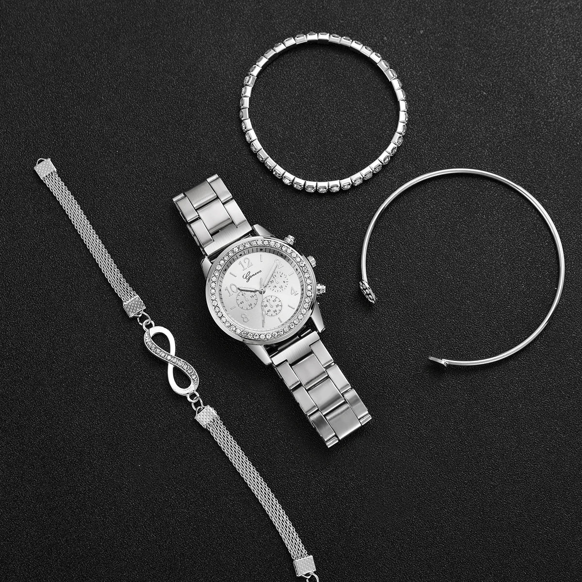 4PCS/Set Fashion Rhinestone Women Watches Luxury Steel Band Ladies Quartz Watch Bracelets Set Reloj Mujer（Without Box）