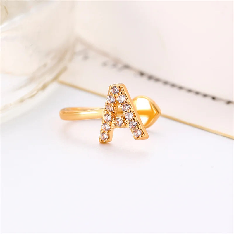 Zircon Initial A-Z Letter Clip Earrings For Women Adjustable Crystal Ear Stud Name Alphabet Female Wedding Jewelry Gift