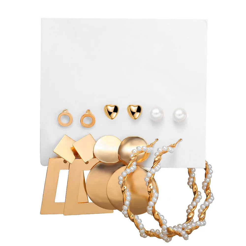 Boho Big Circle Hoop Earring Set for Women Gold Color Bohemia Vintage Pearl Square Earring Heart Zircon Ear Studs Jewelry
