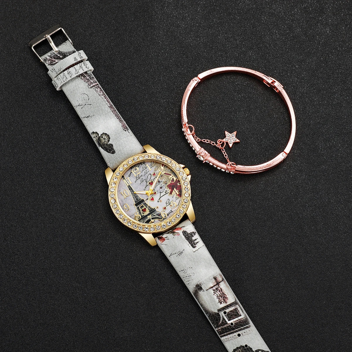 Fashion Women PU Leather Band Eiffel Tower Dial Quartz Watch with Bracelet (Box not Included）