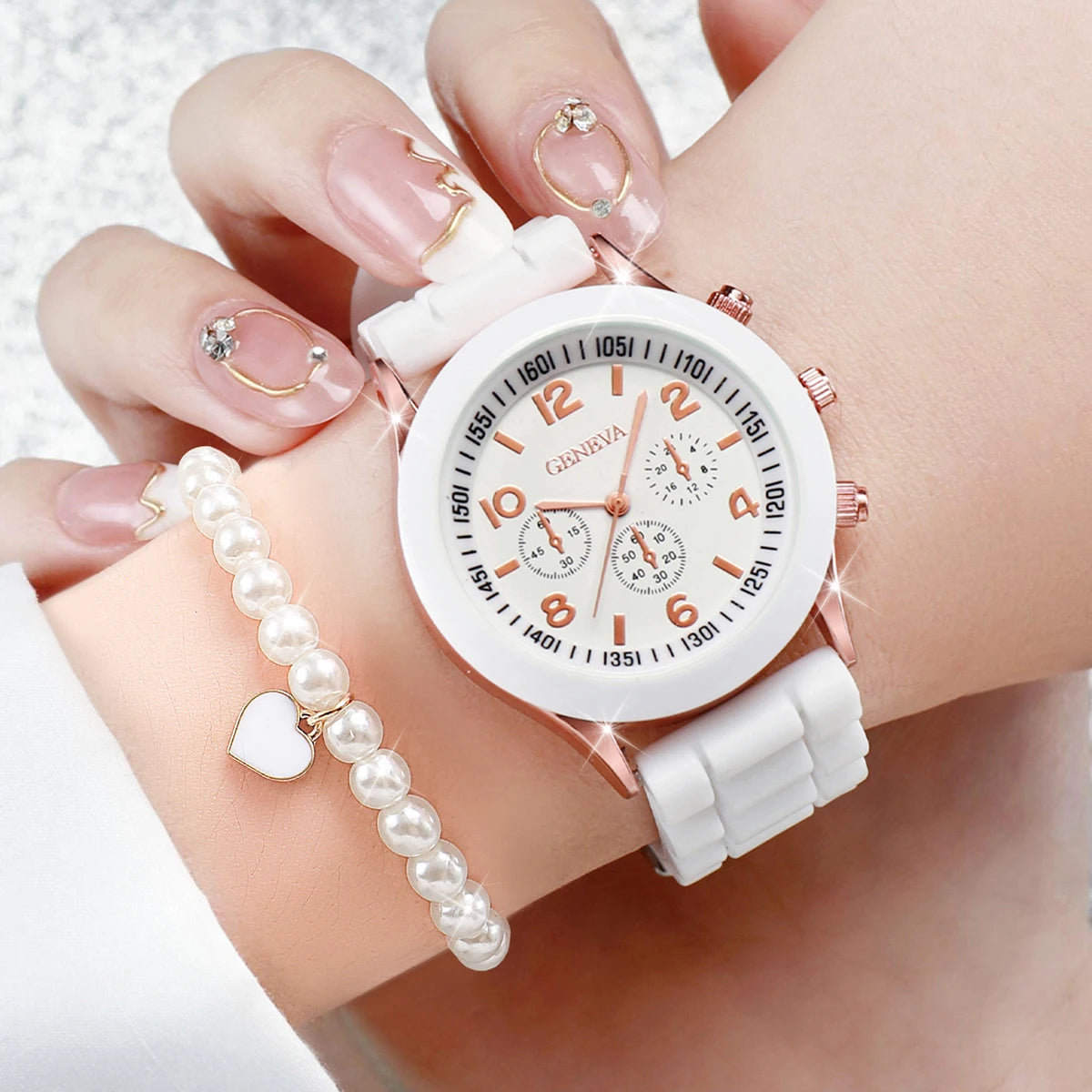 3/6PCS Women's Watches Casual Silicone Band Analog Quartz Watch Heart Pearls Jewelry Set(Without Box)