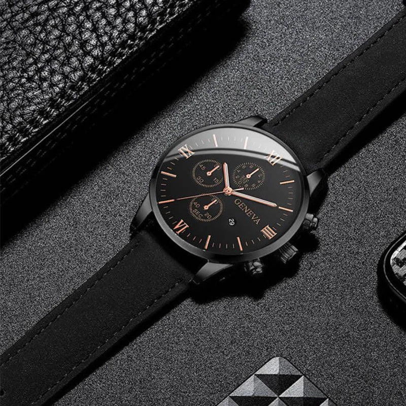 1/3PCS Men's Watch Casual Leather Band Analog Quartz Watches with Calendar