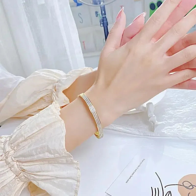 Titanium Steel Stainless Steel Bangles Inlaid Zircon Gold Plated Bracelet Classic Simple Style Bangles for Women Daily Jewelry