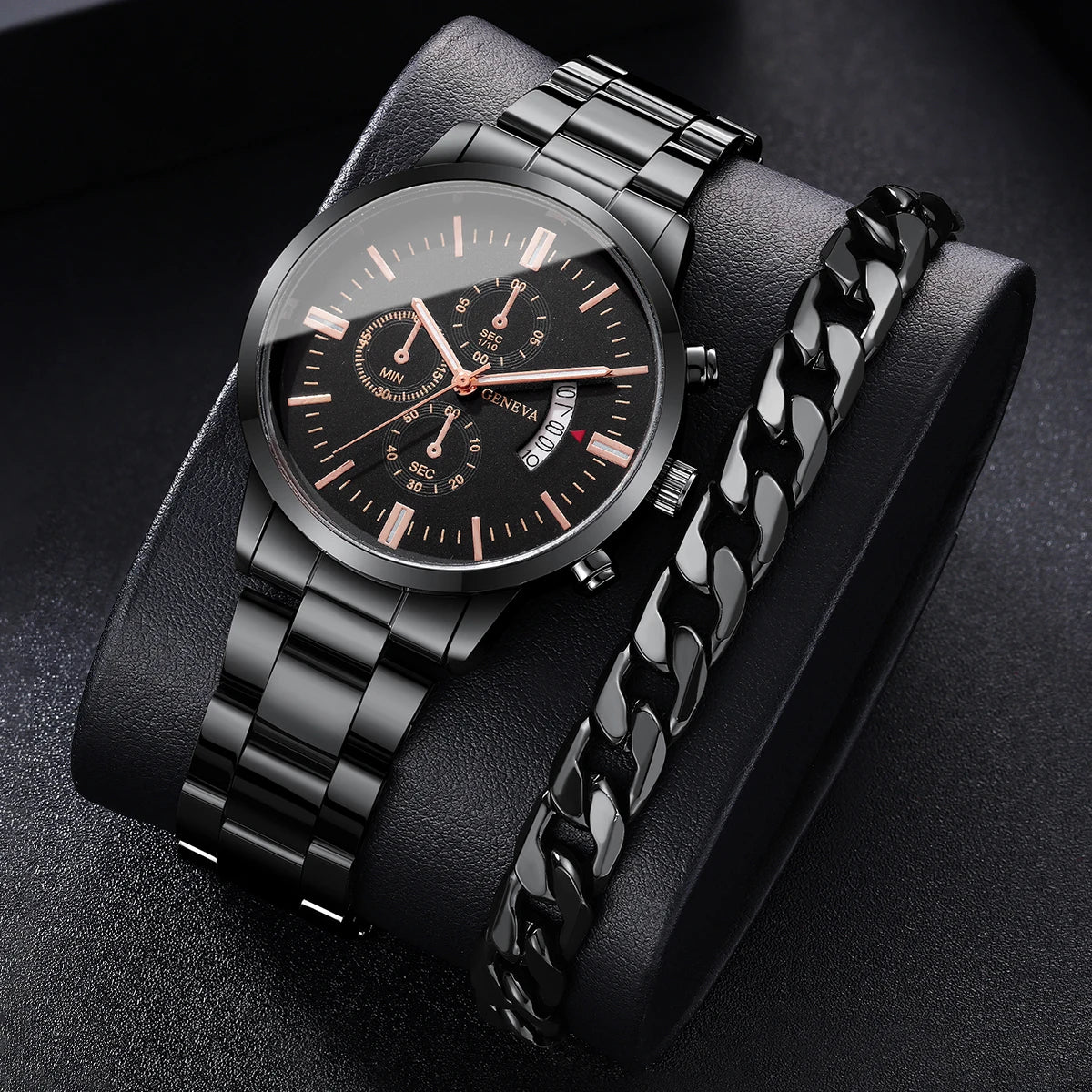 2PCS/Set Fashion Men Business Watches Male Calendar Quartz Watch Bracelet Set Relogio Masculino