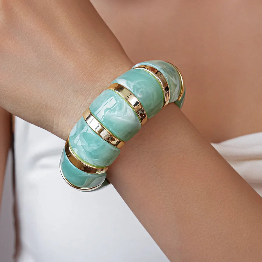 Green Irregular Square Round Wide Bracelets Vintage Resin Acrylic Smudging Bangles Bracelets for Women Girl Jewelry Gifts