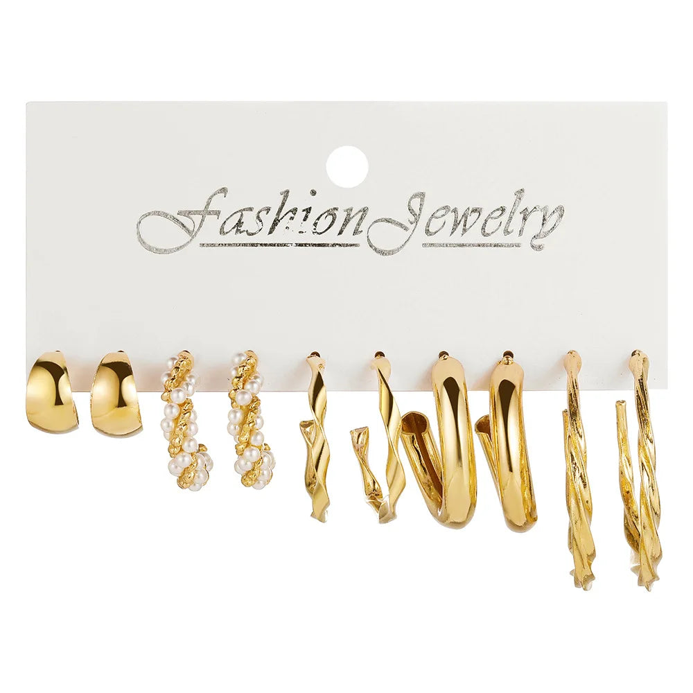 Boho Big Circle Hoop Earring Set for Women Gold Color Bohemia Vintage Pearl Square Earring Heart Zircon Ear Studs Jewelry