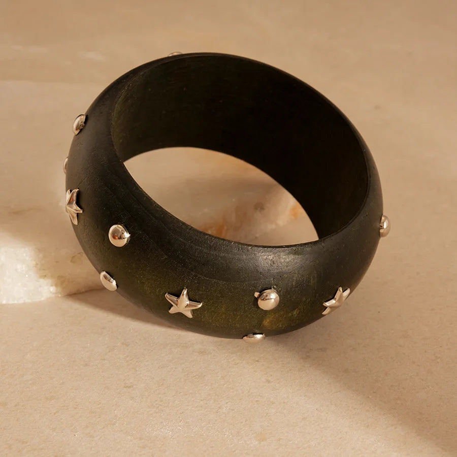 Natural Wooden 12 Styles Square Round Bracelet for Women Hip Hop Rivet Beads Wide Bangles Hand Jewelry Pulseras Mujer
