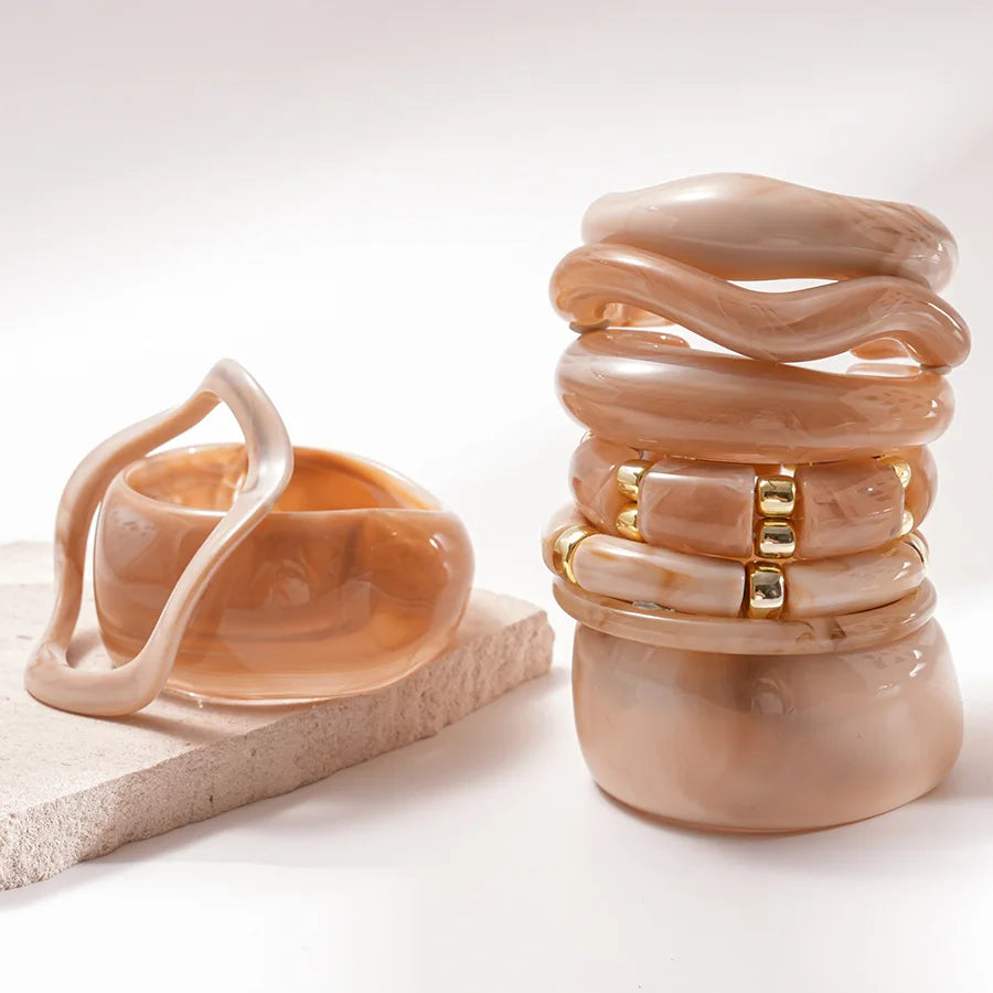 Pink Resin Acrylic Smudging Bangle for Women 2025 New Fashion Round Wide Stacked Bracelets Hand Jewelry Gifts Wholesale