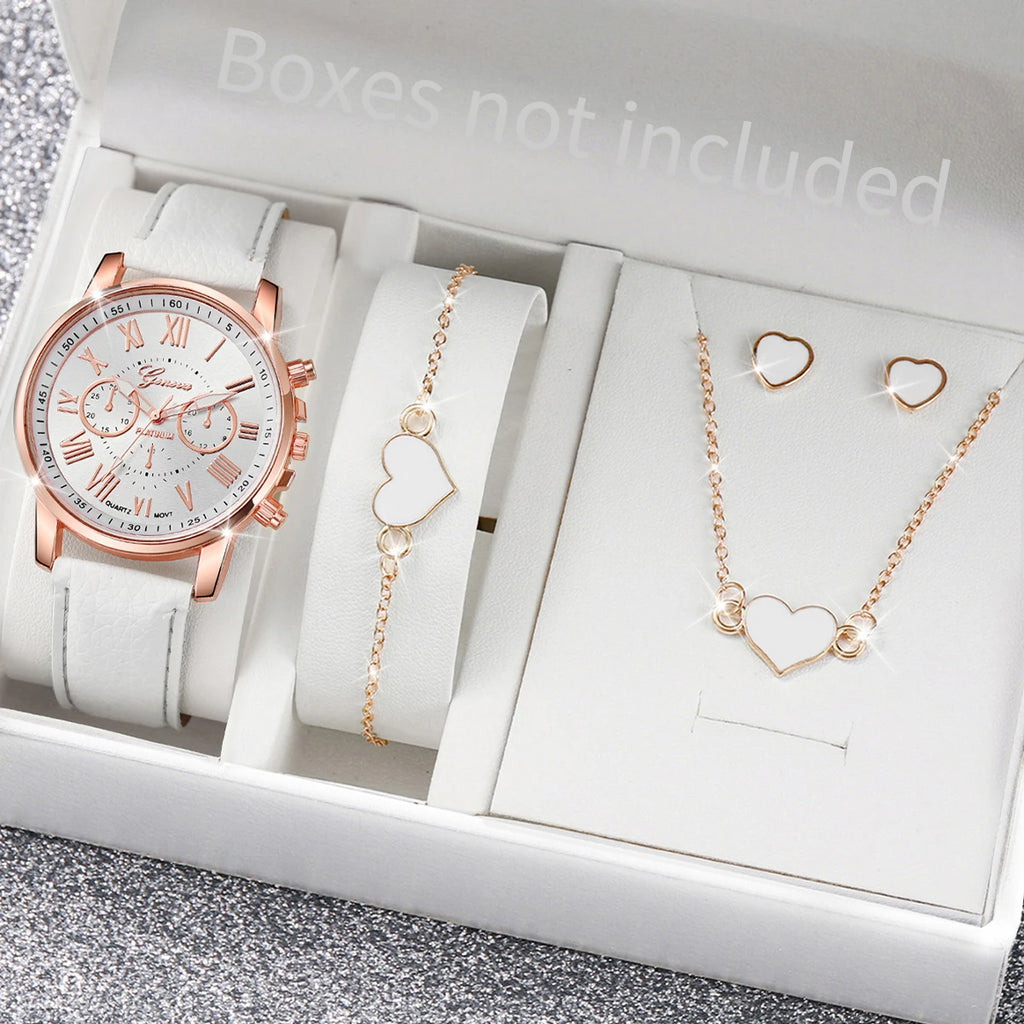 5/6PCS Fashion Women's Quartz Watch Leather Band Analog Wrist Watches Heart Rhinestone Jewelry Set (Without Box)