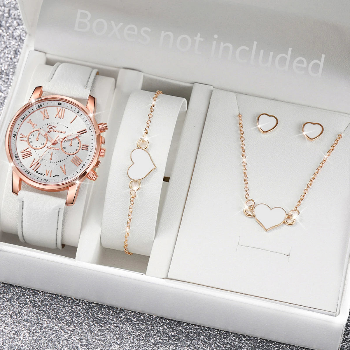5/6PCS Fashion Women's Quartz Watch Leather Band Analog Wrist Watches Heart Rhinestone Jewelry Set (Without Box)