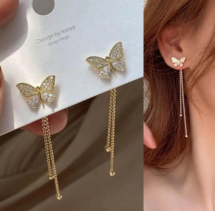 Silver Needle Vintage Green Crystal Butterfly Drop Earrings For Women Jewelry 2025 Trending Luxury Zircon Women's Earrings