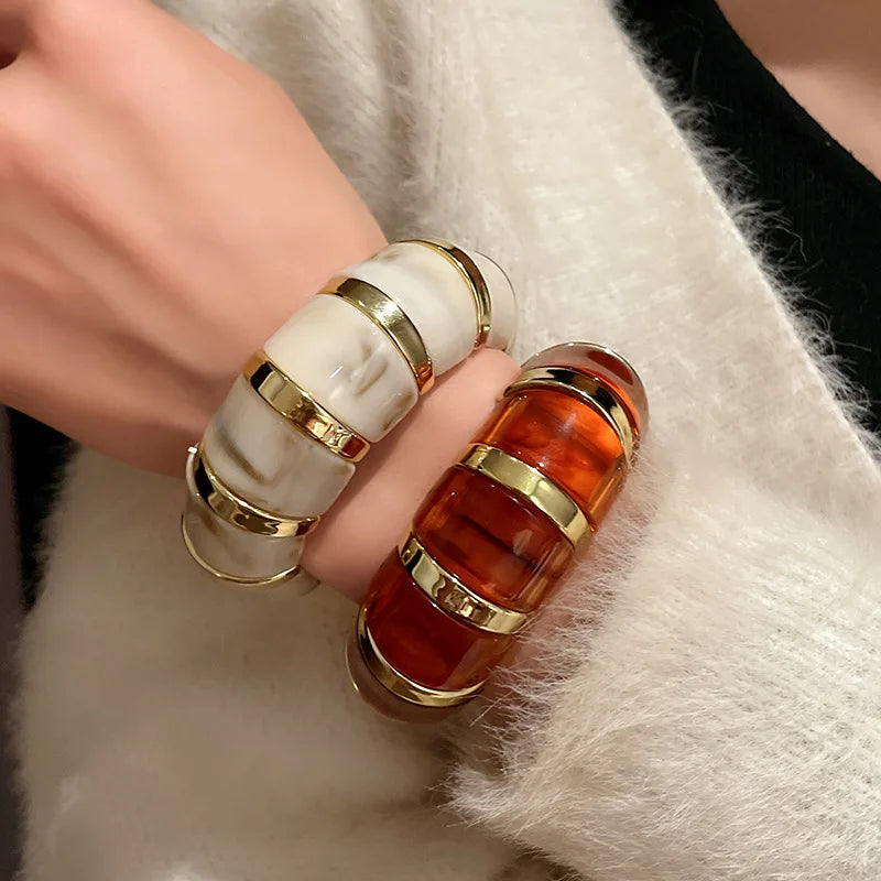 Acrylic Smudging Bangles for Women Unique Design Geometric Oval Elastic Stretch Bracelets Wide Bangles Jewelry Party Gifts