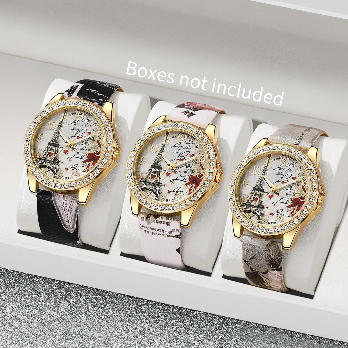 3/4/5PCS Fashion Rhinestone Women's Watch Flowers Printed Leather Band Female Quartz Watches Bracelets Set (Without Box）