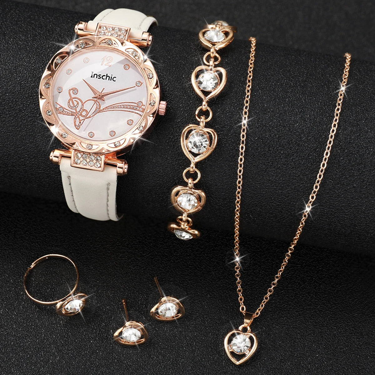 6PCS/Set Fashion Rhinestone Women's Watch Leather Band Analog Quartz Watches Rhinestone Heart Jewelry Set（Without Box）