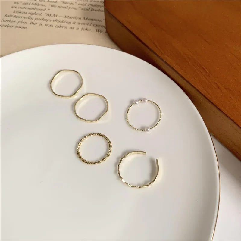 5Pcs/set Gold Color Heart Rings Set For Women Vintage Geometric Cross Pearl Butterfly Finger Rings Female Trendy Jewelry Gift
