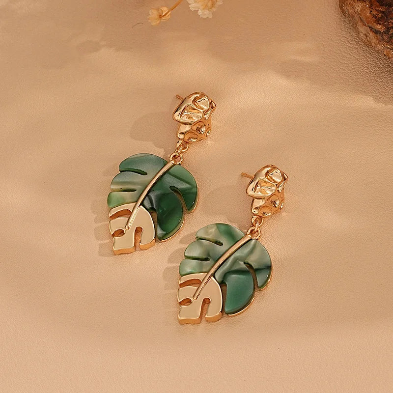 Multi-color Acrylic Leaf Earrings for Women Gold Plated Zircon Dangle Earrings Stainless Steel Jewelry Birthday Gifts