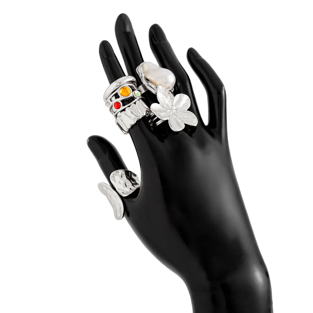 6Pcs Punk Exaggerated Metal Finger Rings Set for Women Men Vintage Flower Pearl Crystal Europe America Open Rings Luxury Jewelry