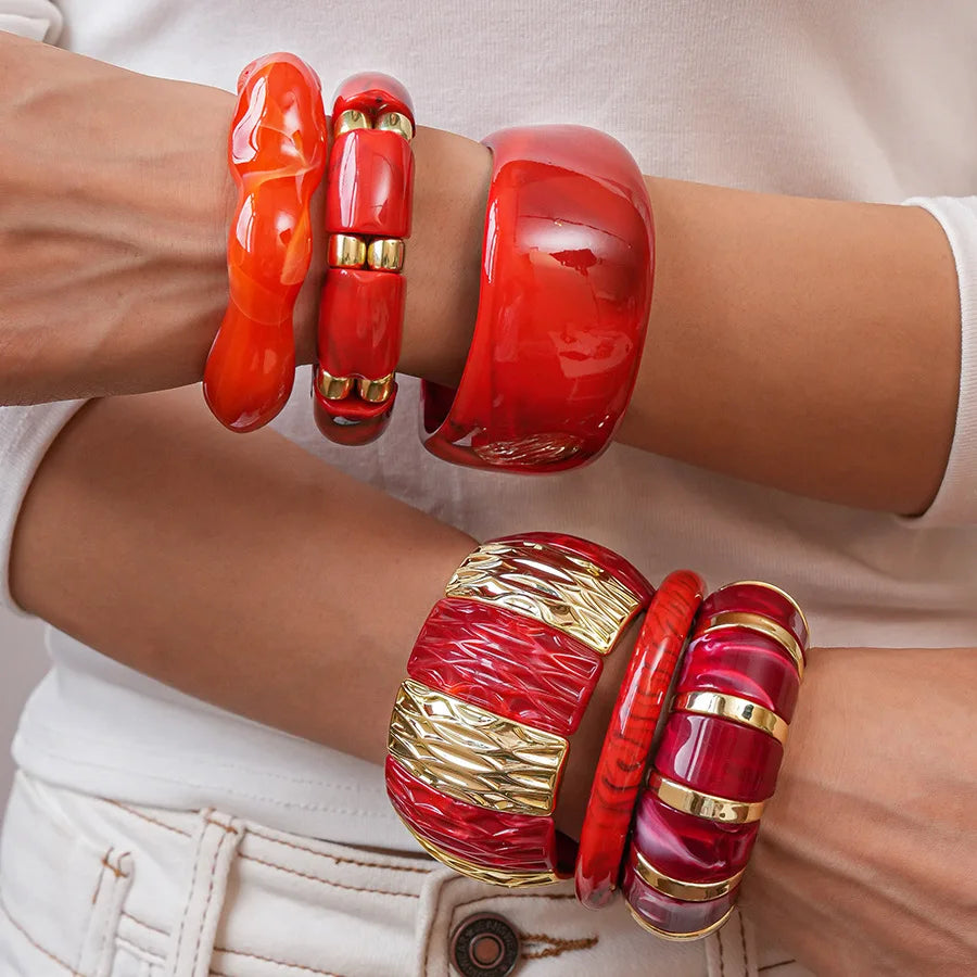 Red Resin Acrylic Elastic Bracelets Personality Geometric Fashion Irregular Wide Stacking Bracelets Hand Jewelry for Women