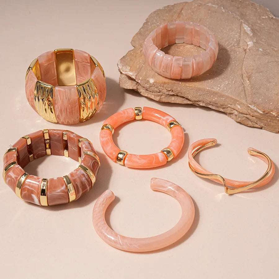 Pink Acrylic Resin Smudging Bangles for Women Girls Smooth Irregular Geometric Square Elastic Bracelets Wristband Jewelry