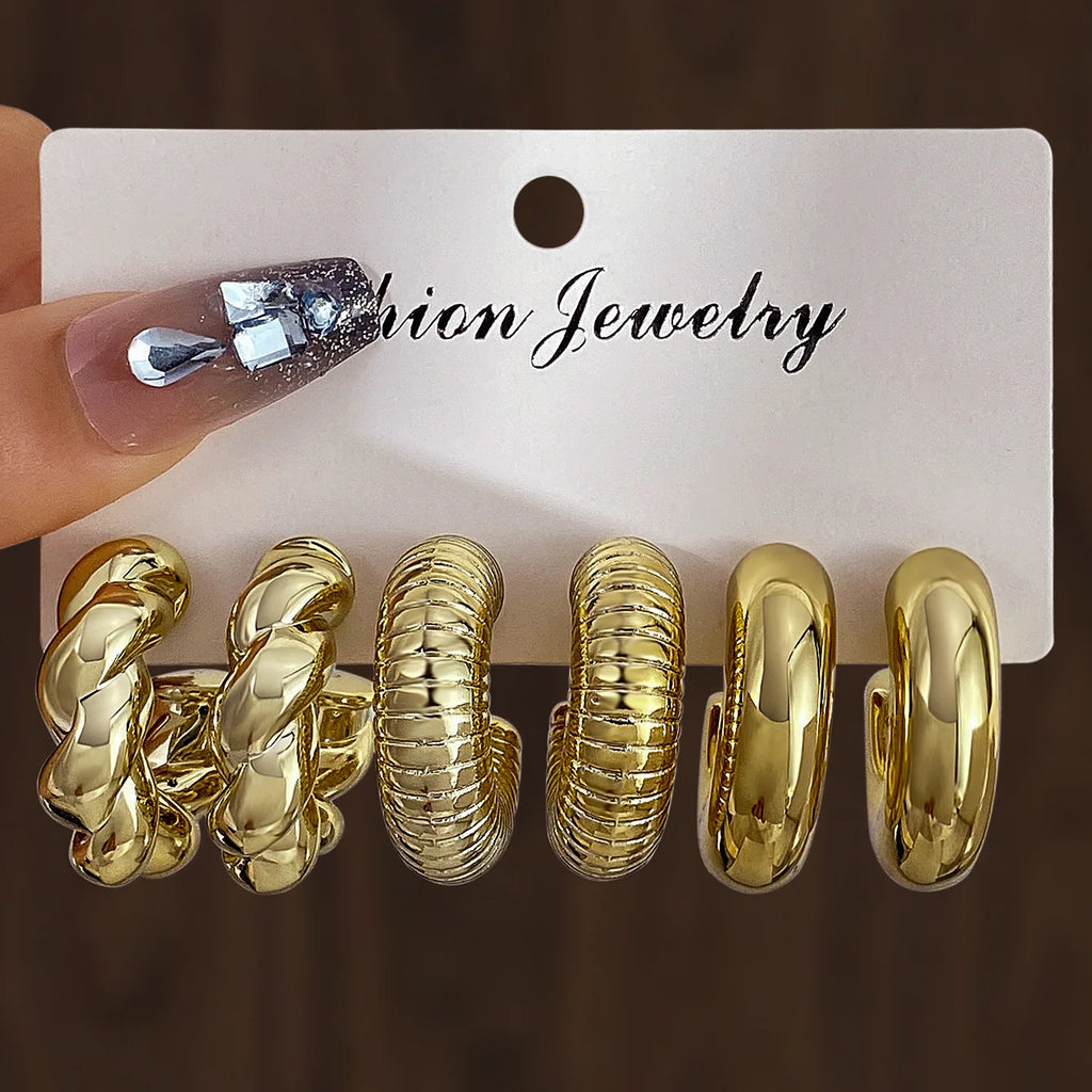 6pcs/set Chunky Gold Plated Vintage Minimalist Smooth Circle Hoop Earring Set for Women Bohemia Fashion Jewelry Gifts