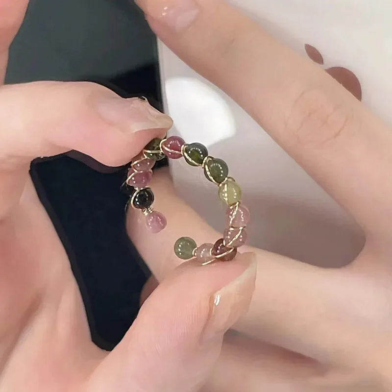 Natural Stone Rainbow Tourmaline Ring Fashion Retro Handmade Metal Wire Winding Beaded Open Adjustable Ring Female Jewelry