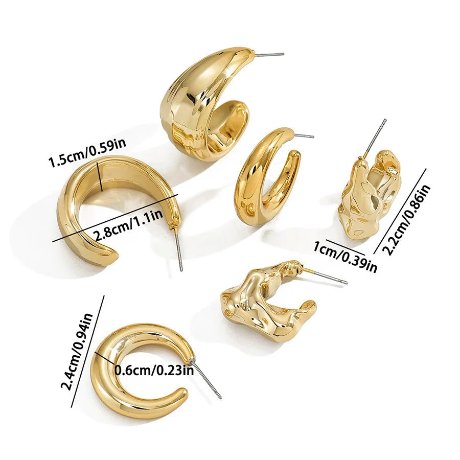 6Pcs Vintage Classic Geometry Glossy Ccb Gold Plated C Shape Hoop Earrings Set for Women Waterdrop Earing Fashion Jewelry
