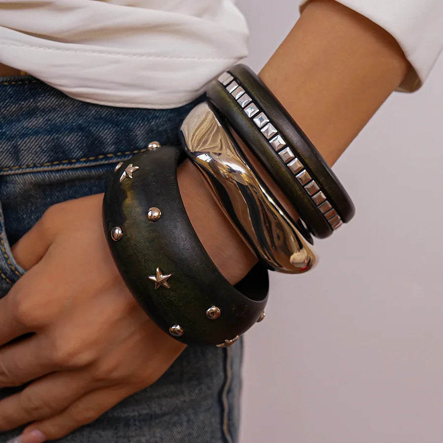 Natural Wooden 12 Styles Square Round Bracelet for Women Hip Hop Rivet Beads Wide Bangles Hand Jewelry Pulseras Mujer