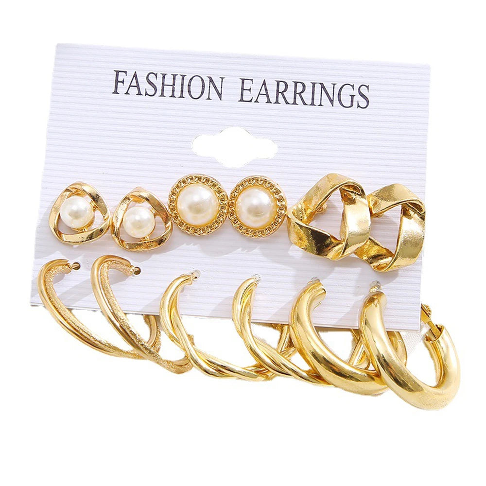 Boho Big Circle Hoop Earring Set for Women Gold Color Bohemia Vintage Pearl Square Earring Heart Zircon Ear Studs Jewelry