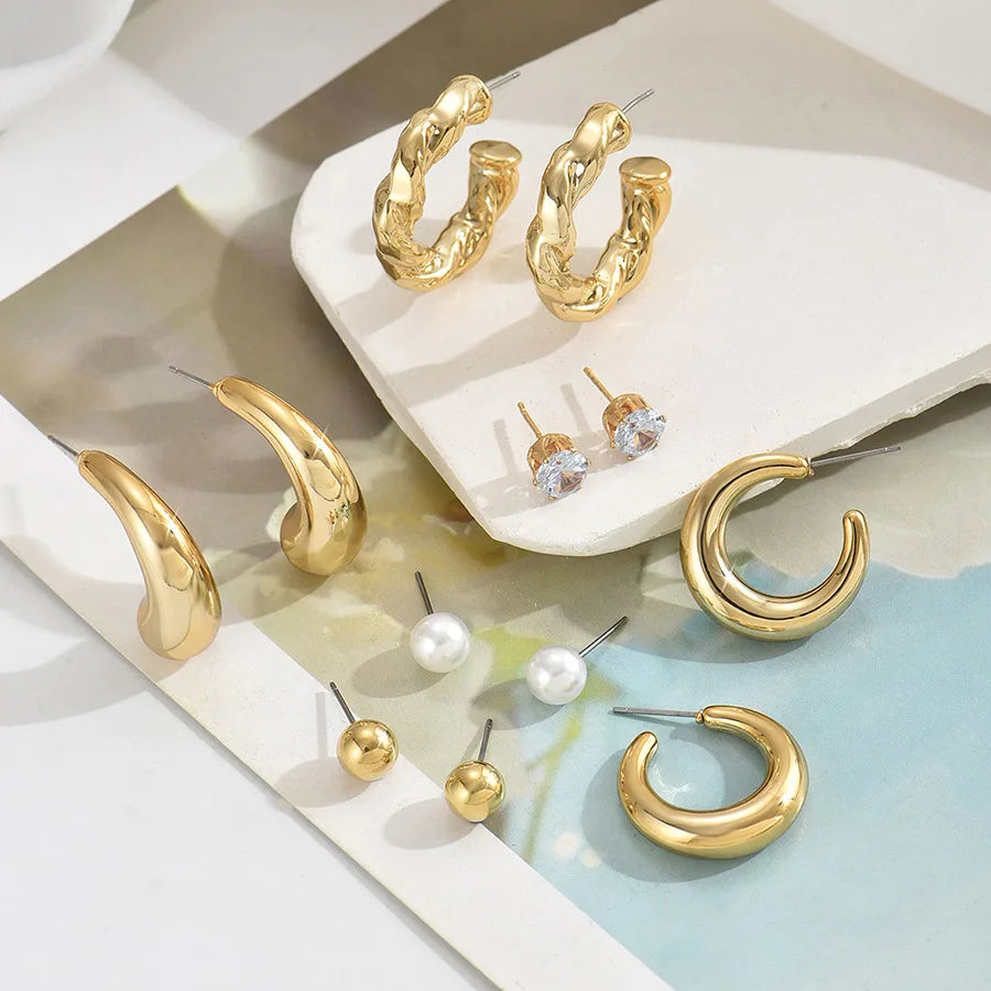 6Pcs Vintage Classic Geometry Glossy Ccb Gold Plated C Shape Hoop Earrings Set for Women Waterdrop Earing Fashion Jewelry