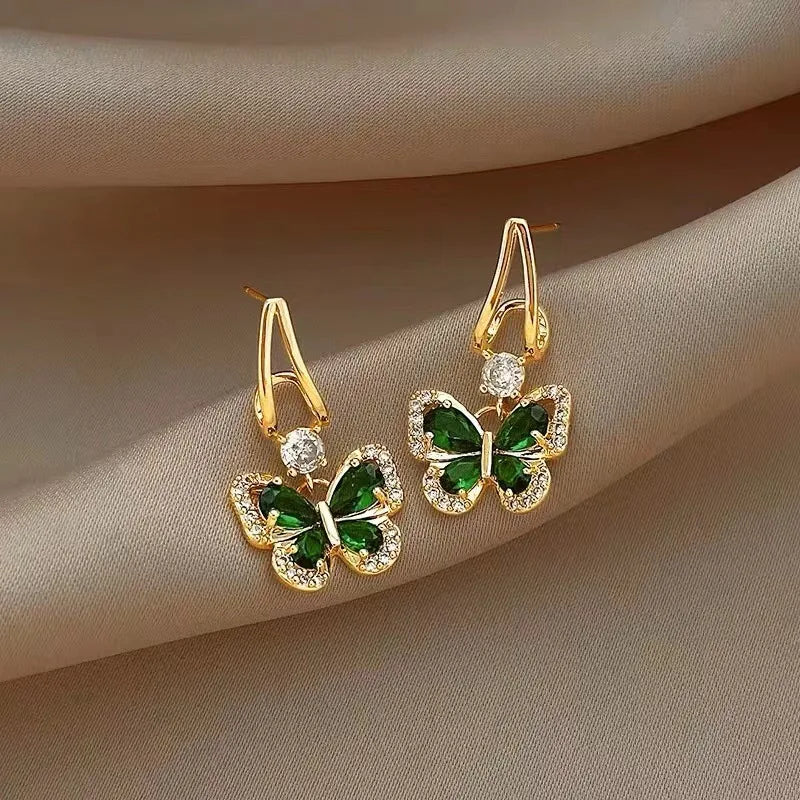 Silver Needle Vintage Green Crystal Butterfly Drop Earrings For Women Jewelry 2025 Trending Luxury Zircon Women's Earrings