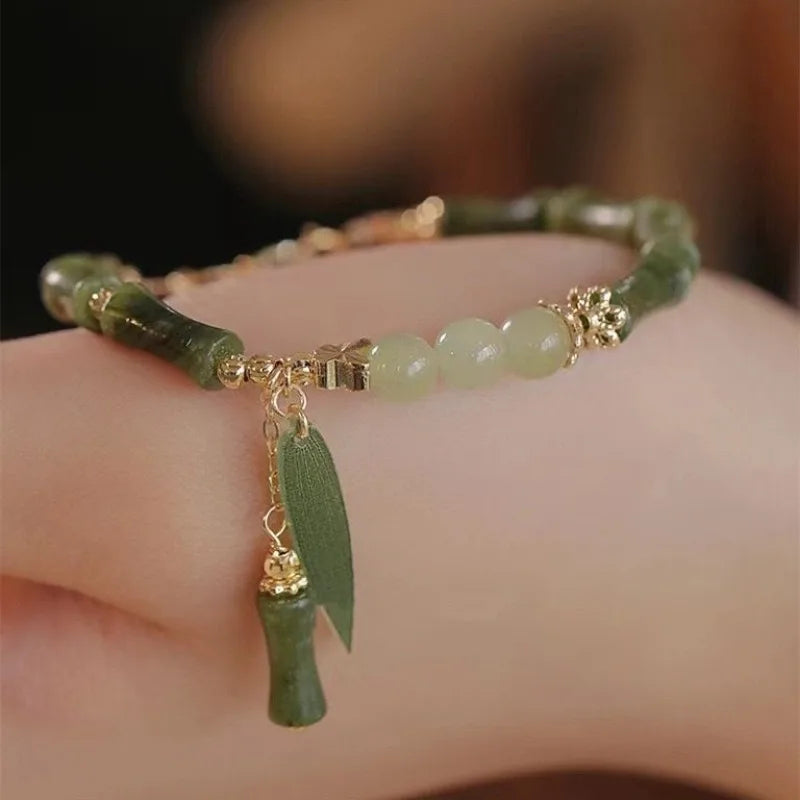 Handmade Green Bamboo Joint Beaded Bracelet for Women Leaves Tassel Flower Bracelets Bangles Girls Party Jewelry Gifts