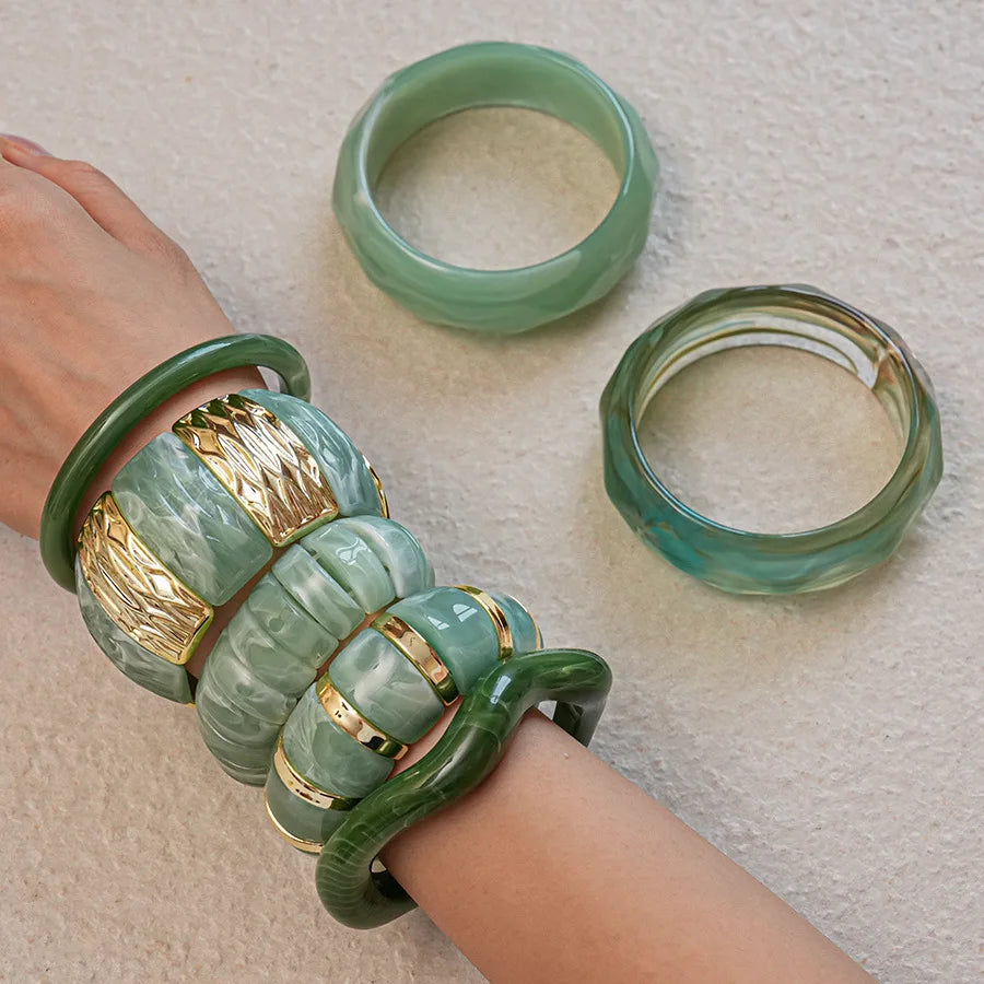 Green Irregular Square Round Wide Bracelets Vintage Resin Acrylic Smudging Bangles Bracelets for Women Girl Jewelry Gifts
