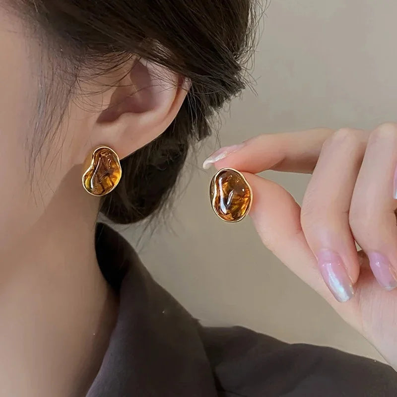 Vintage Brown Resin Tiger Eye Stone Dangle New Earrings for Women Fashion Silver Needle Earring Personality Melard Color Jewelry